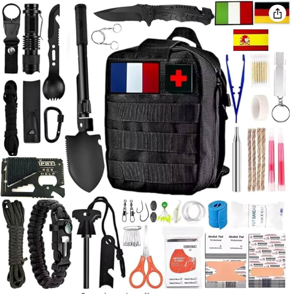 Kit Survie 102 En 1 – Pelle Pliante, Boussole, Lampe, Bâche, Paracorde 10m, Couverture, Allume-feu – Sac Molle – Pour Camping Et Aventure